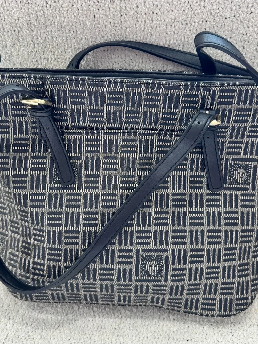 Anne Klein Navy Blue Patterned Shoulder Bag with Gold Accent